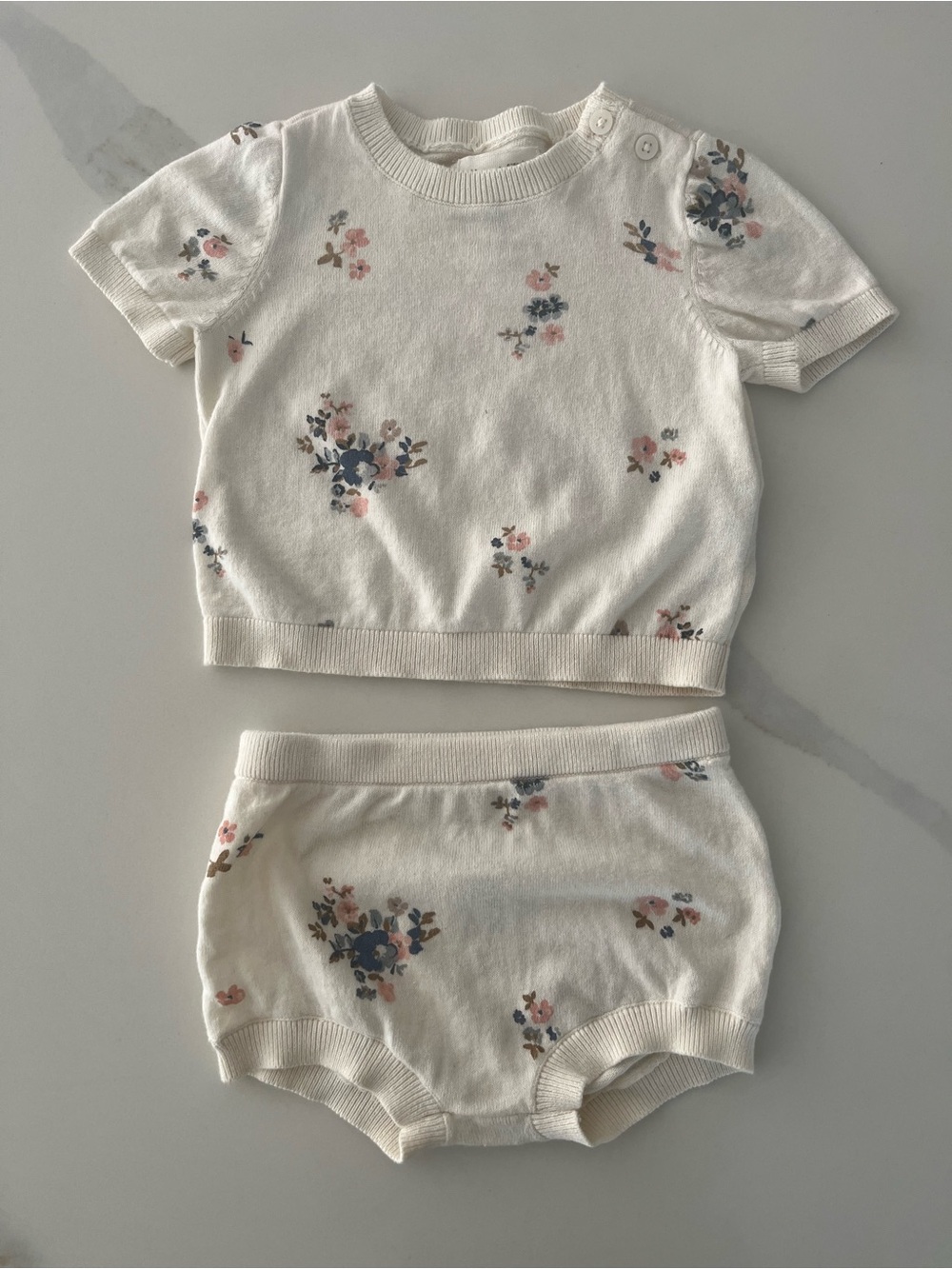 6M Baby Floral Knit Top & Bloomers Set - Cream with Pink & Blue Flowers